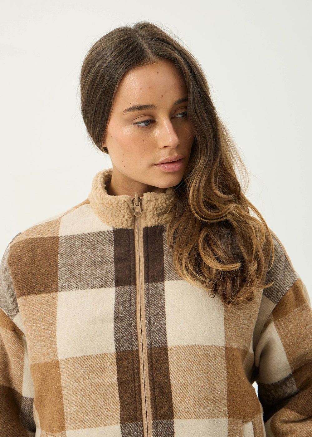 AFENDS Womens Berlin - Reversible Polar Fleece Jacket - Almond Check