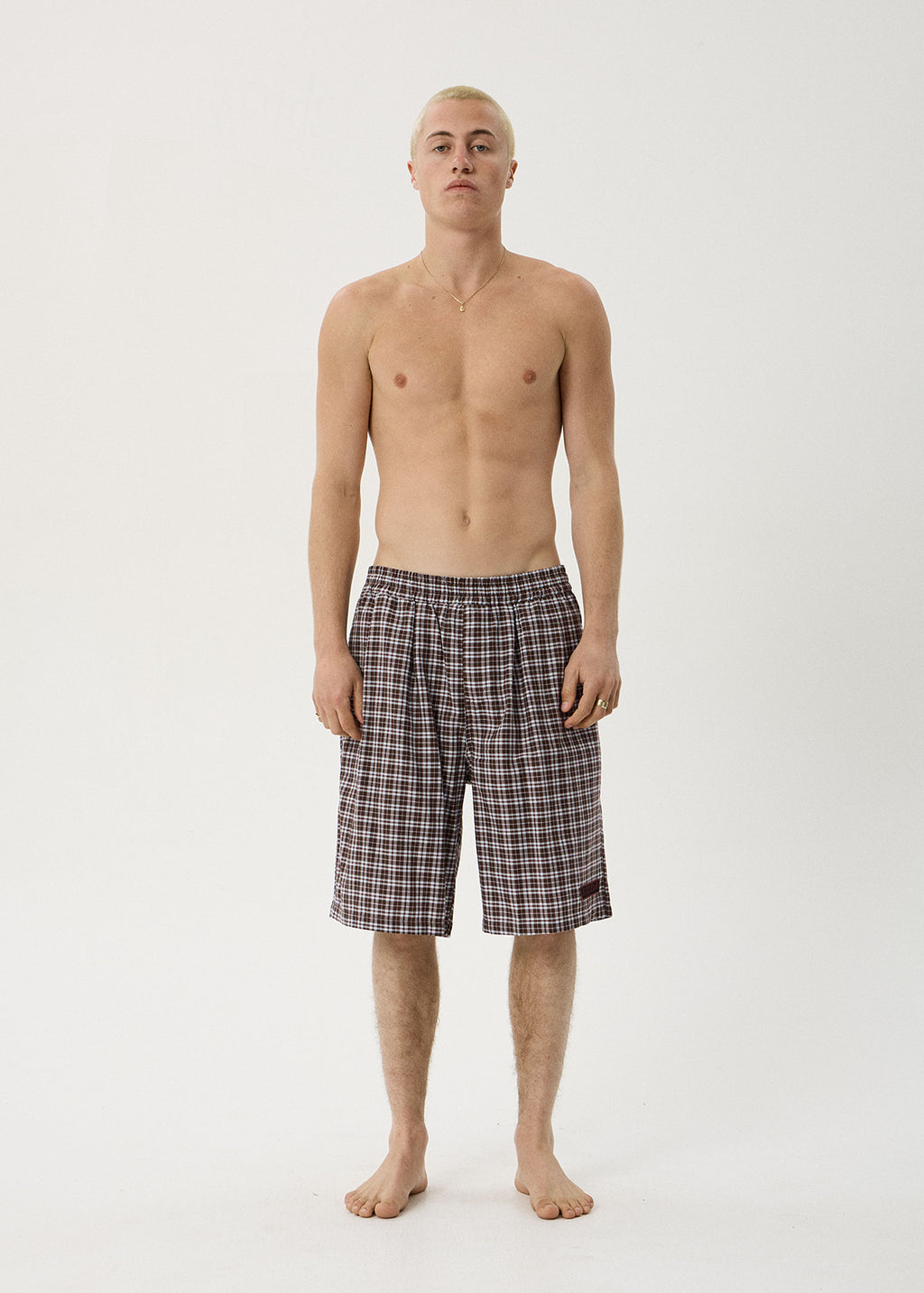 AFENDS Ninety Eight Leisure - Elastic Shorts 22" - Brown / Blue Check