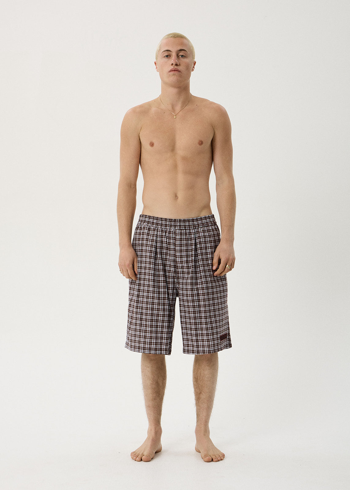 AFENDS Ninety Eight Leisure - Elastic Shorts 22" - Brown / Blue Check