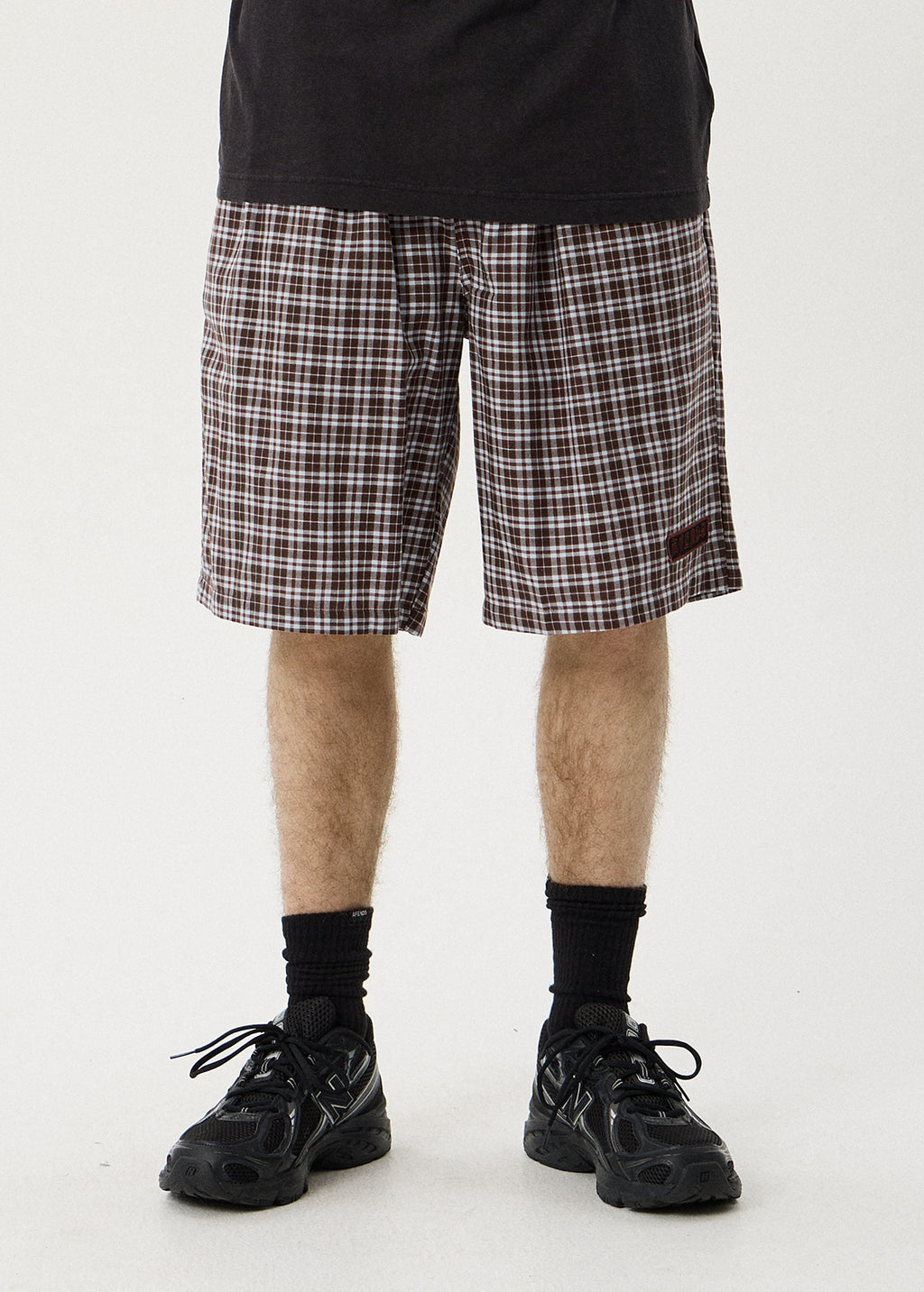 AFENDS Ninety Eight Leisure - Elastic Shorts 22" - Brown / Blue Check