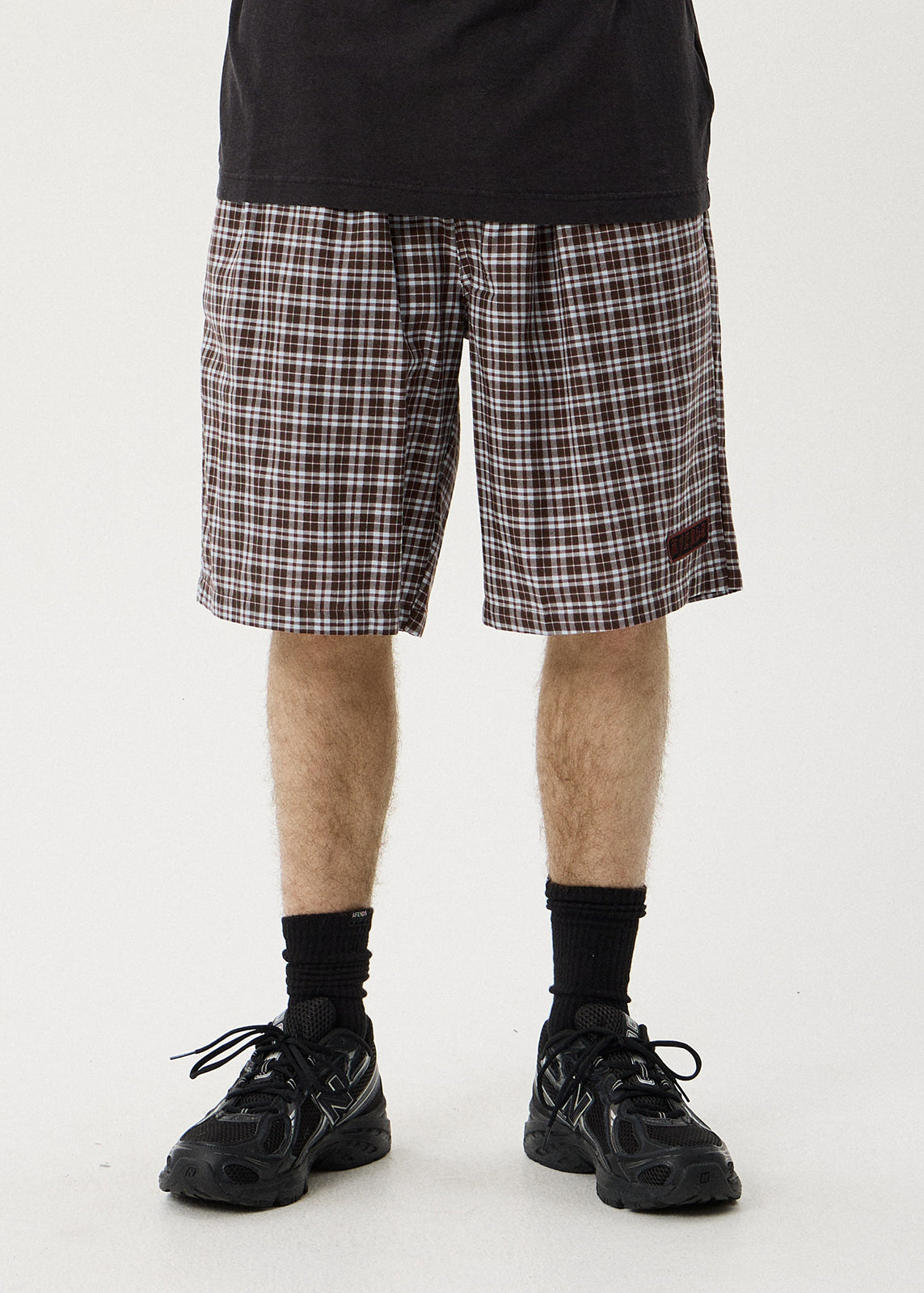 AFENDS Ninety Eight Leisure - Elastic Shorts 22" - Brown / Blue Check