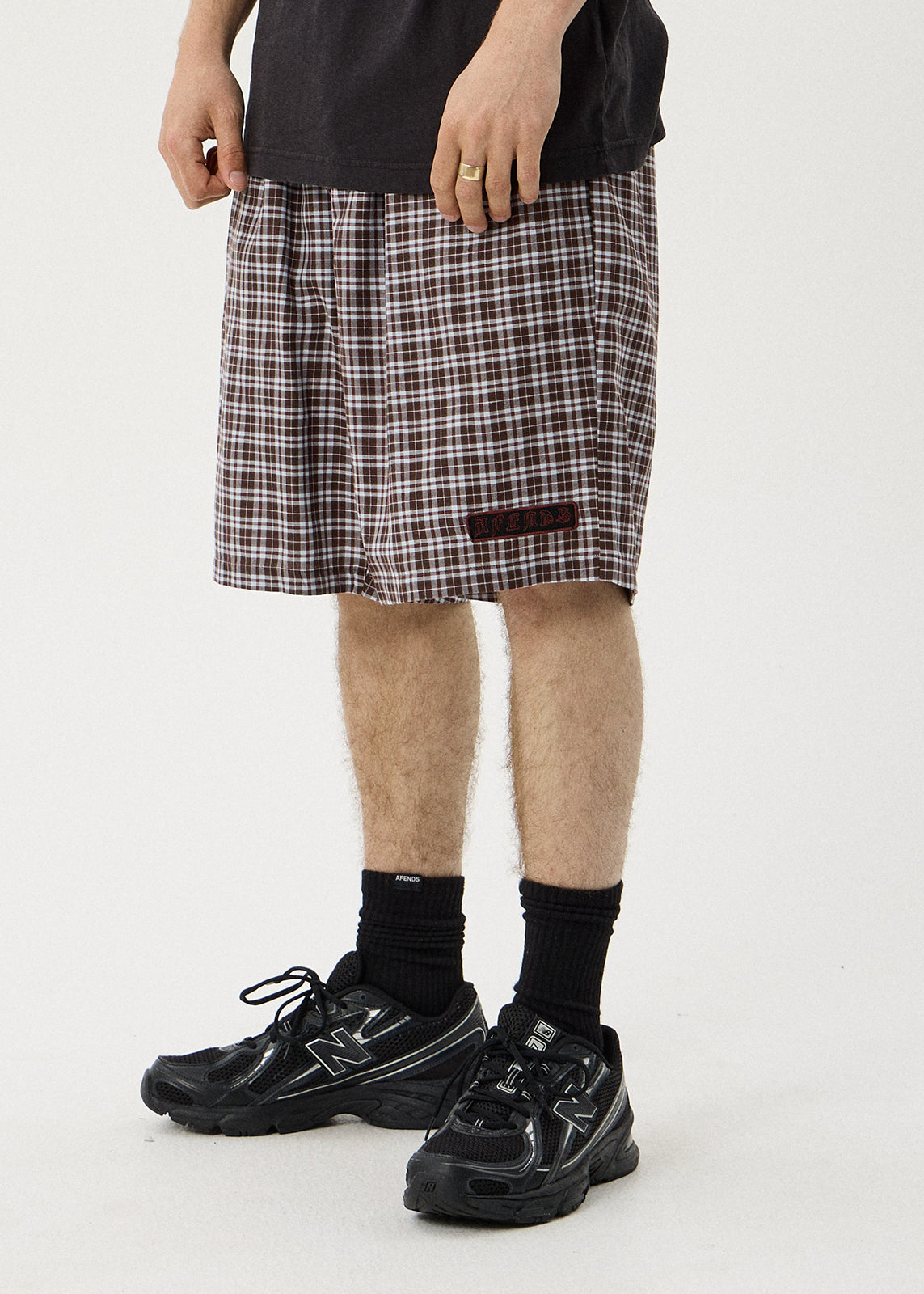 AFENDS Ninety Eight Leisure - Elastic Shorts 22" - Brown / Blue Check
