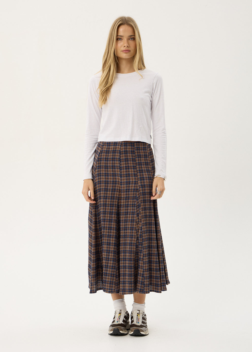 AFENDS Womens Lana - Seersucker Midi Skirt - Shev Indigo Check