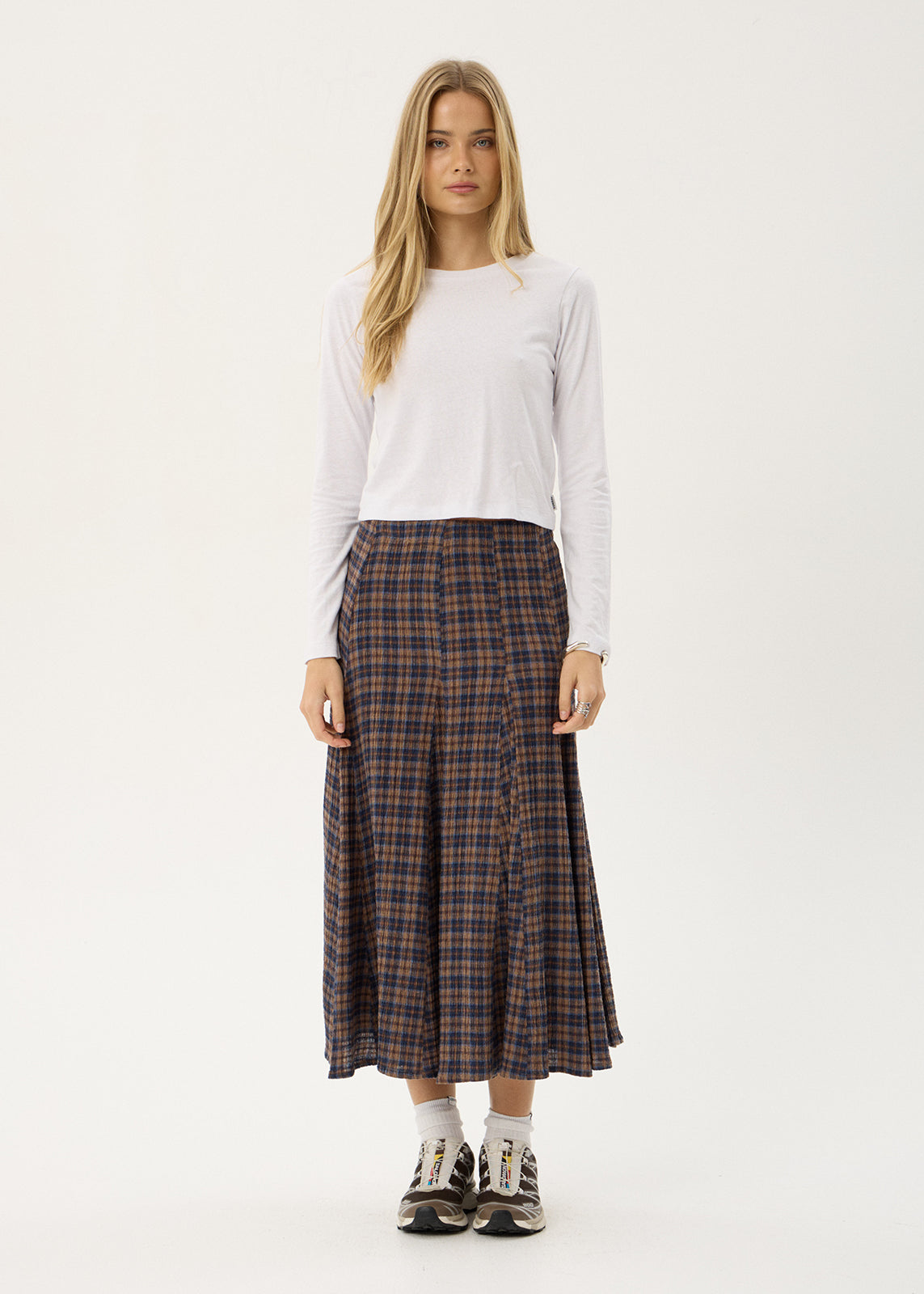 AFENDS Womens Lana - Seersucker Midi Skirt - Shev Indigo Check