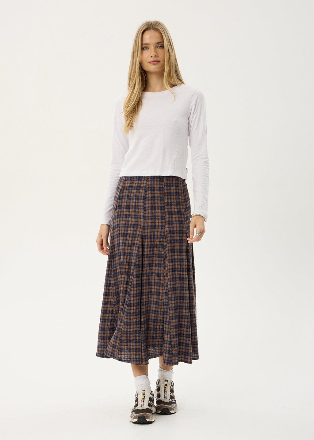 AFENDS Womens Lana - Seersucker Midi Skirt - Shev Indigo Check