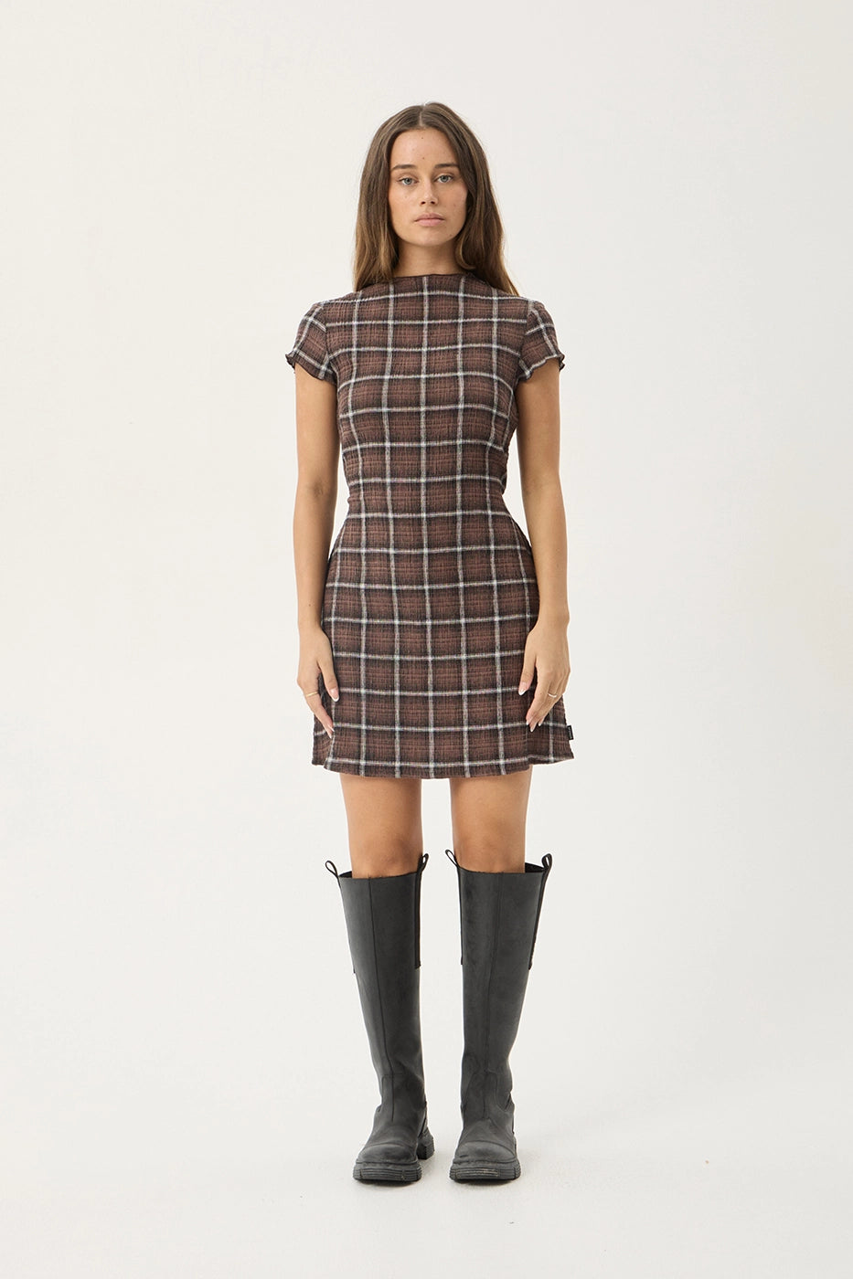 AFENDS Womens Elodie - Seersucker Mini Dress - Coffee Check