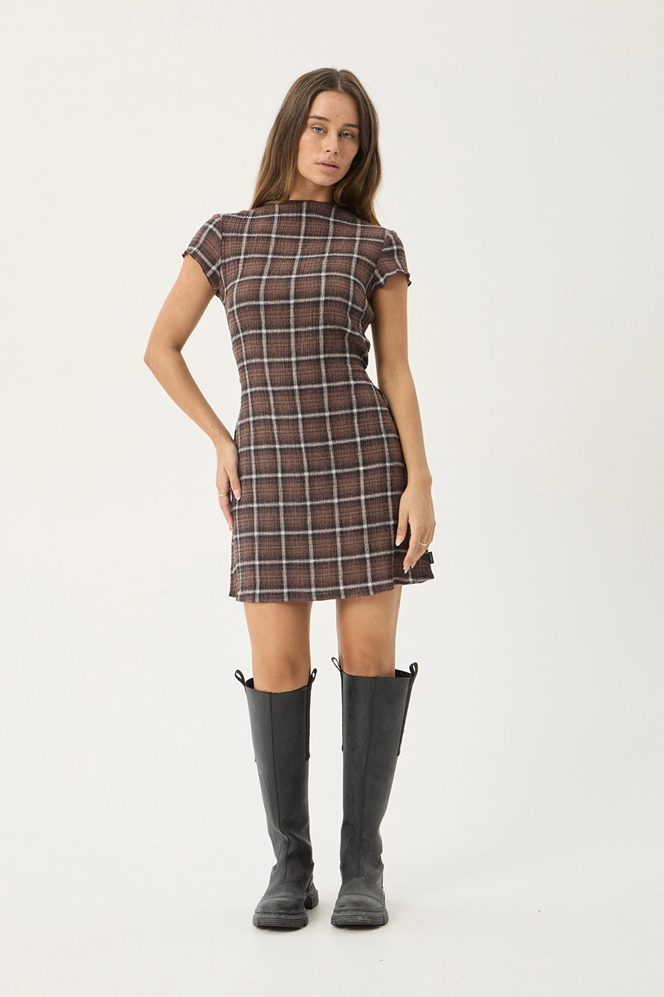 AFENDS Womens Elodie - Seersucker Mini Dress - Coffee Check