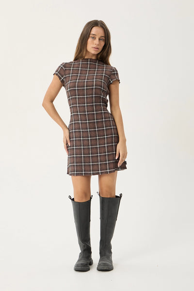 AFENDS Womens Elodie - Seersucker Mini Dress - Coffee Check