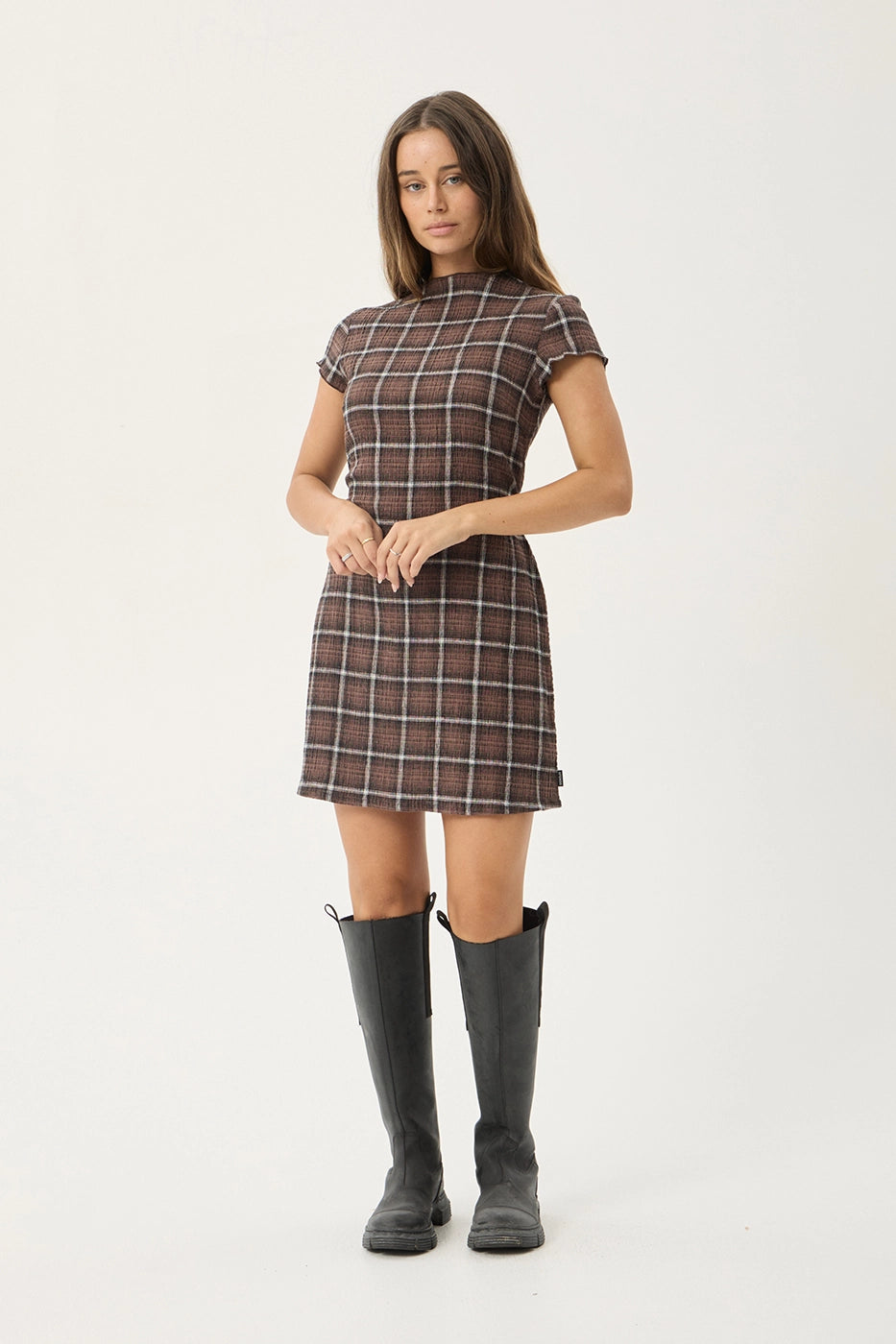 AFENDS Womens Elodie - Seersucker Mini Dress - Coffee Check