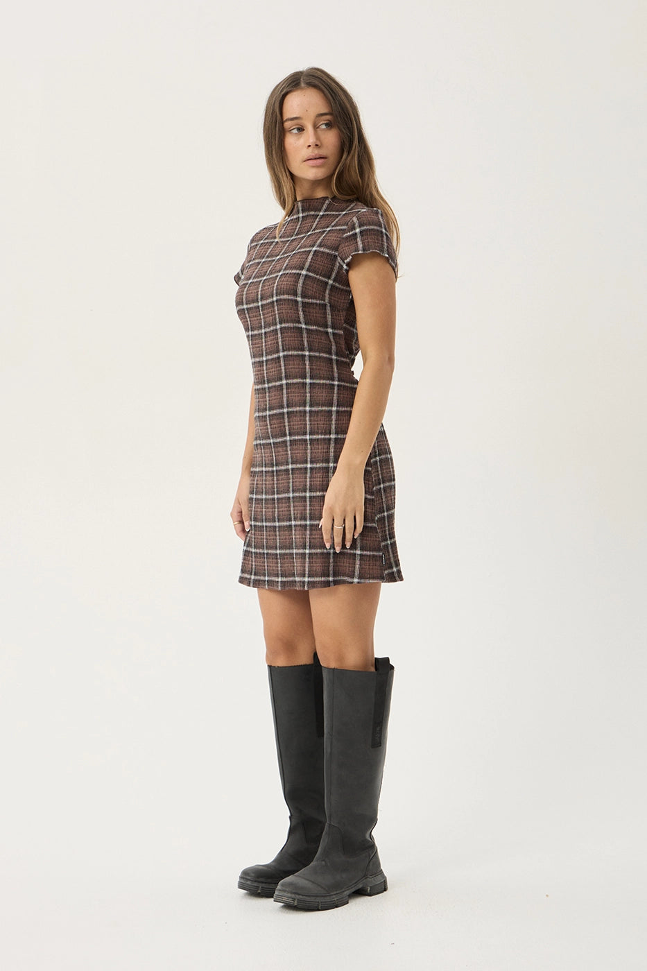 AFENDS Womens Elodie - Seersucker Mini Dress - Coffee Check