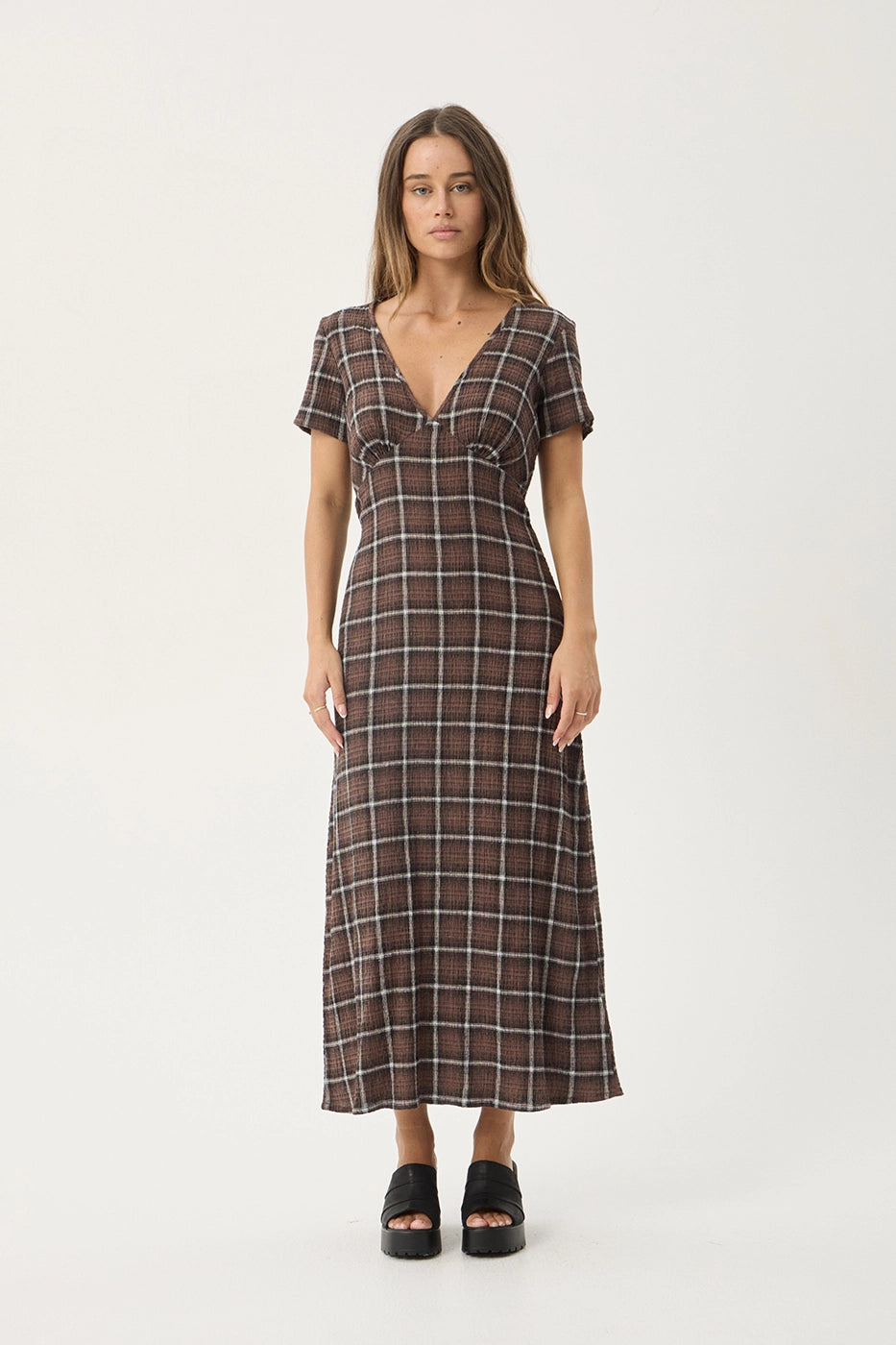 AFENDS Womens Reverie - Seersucker Maxi Dress - Coffee Check