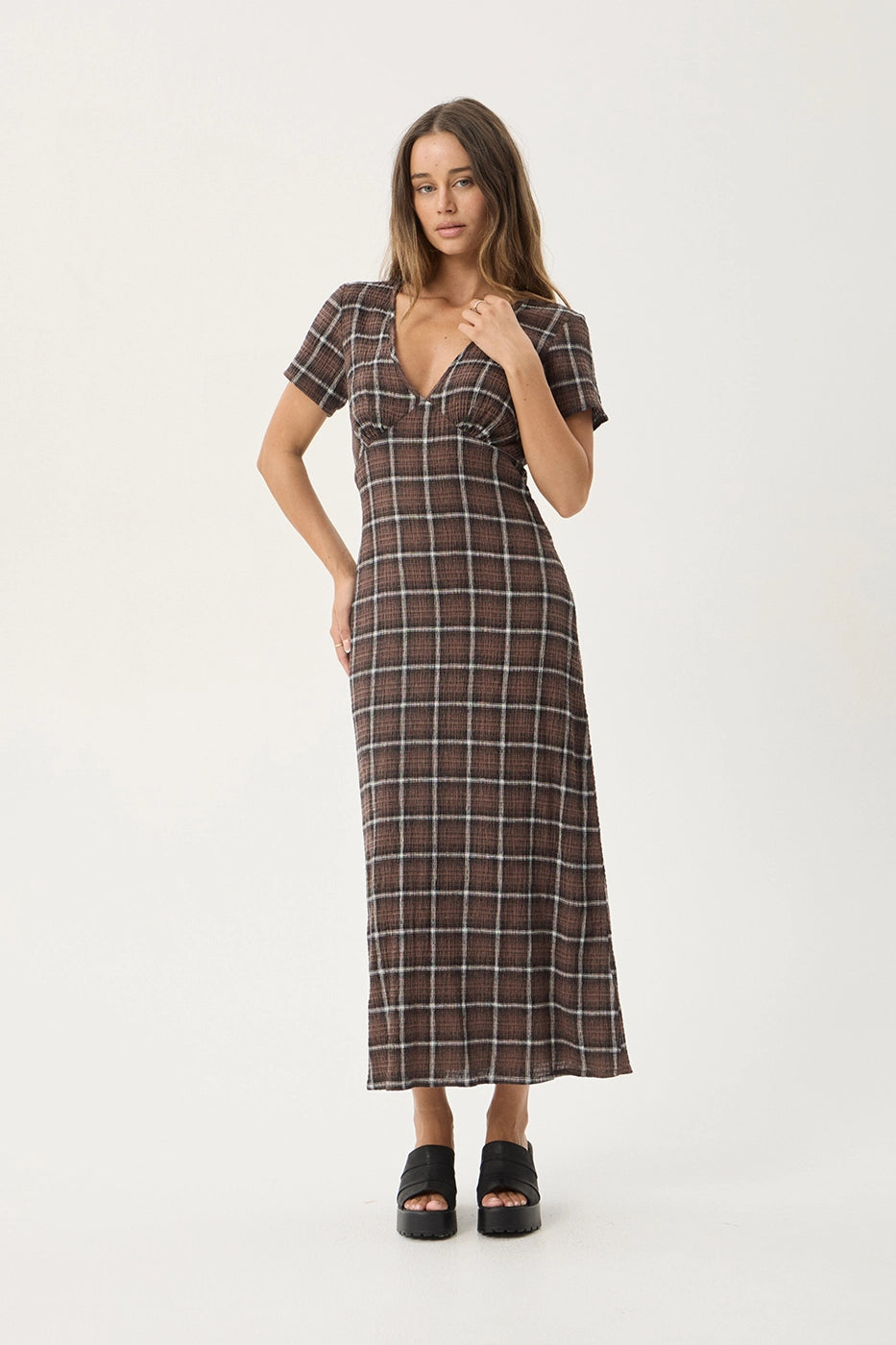 AFENDS Womens Reverie - Seersucker Maxi Dress - Coffee Check AFENDS Womens Reverie - Seersucker Maxi Dress - Coffee Check