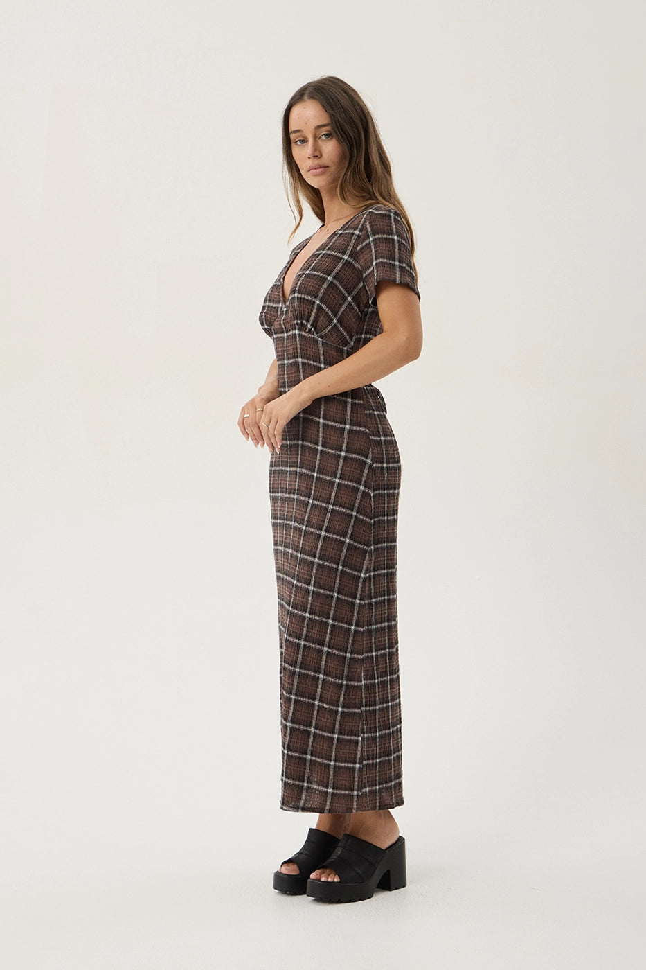 AFENDS Womens Reverie - Seersucker Maxi Dress - Coffee Check