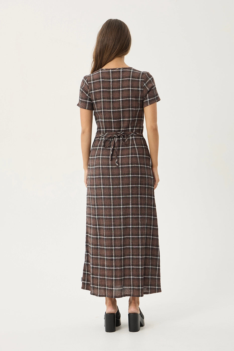 AFENDS Womens Reverie - Seersucker Maxi Dress - Coffee Check