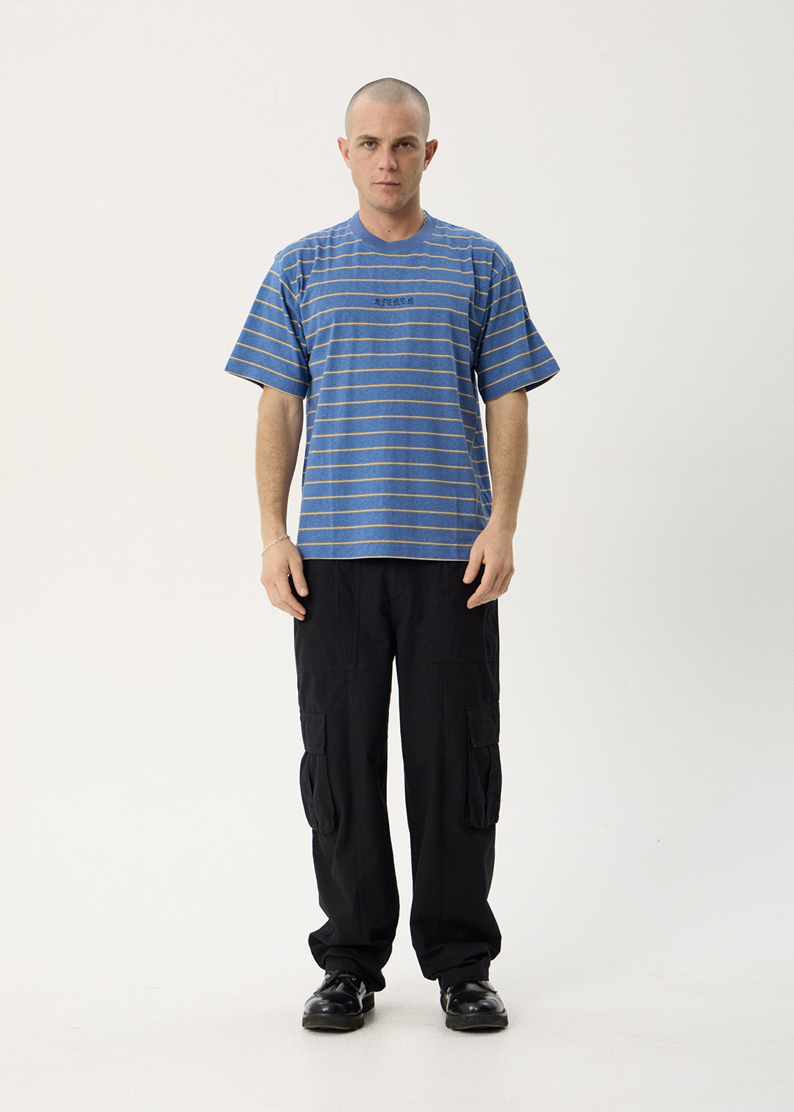 AFENDS Mens Eureka - Boxy Tee - Slate Blue Stripe