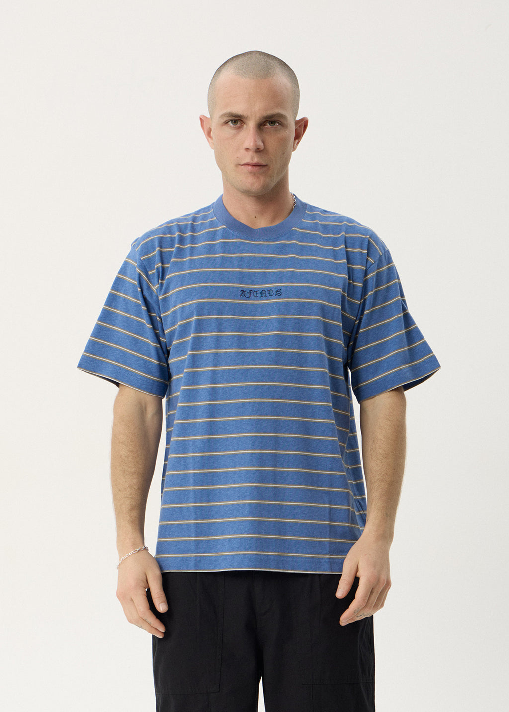 AFENDS Mens Eureka - Boxy Tee - Slate Blue Stripe