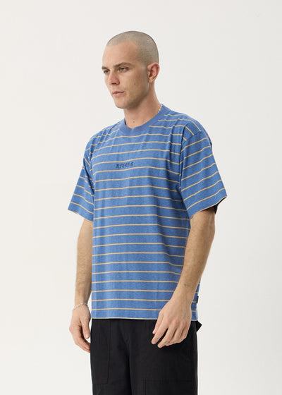 AFENDS Mens Eureka - Boxy Tee - Slate Blue Stripe