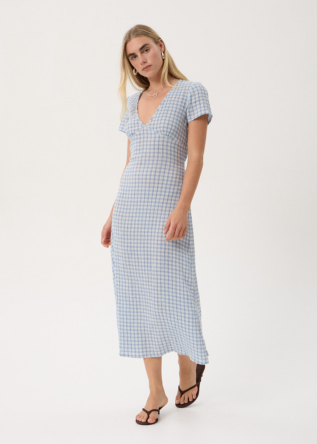 AFENDS Maeve - Seersucker Maxi Dress - Powder Blue Check