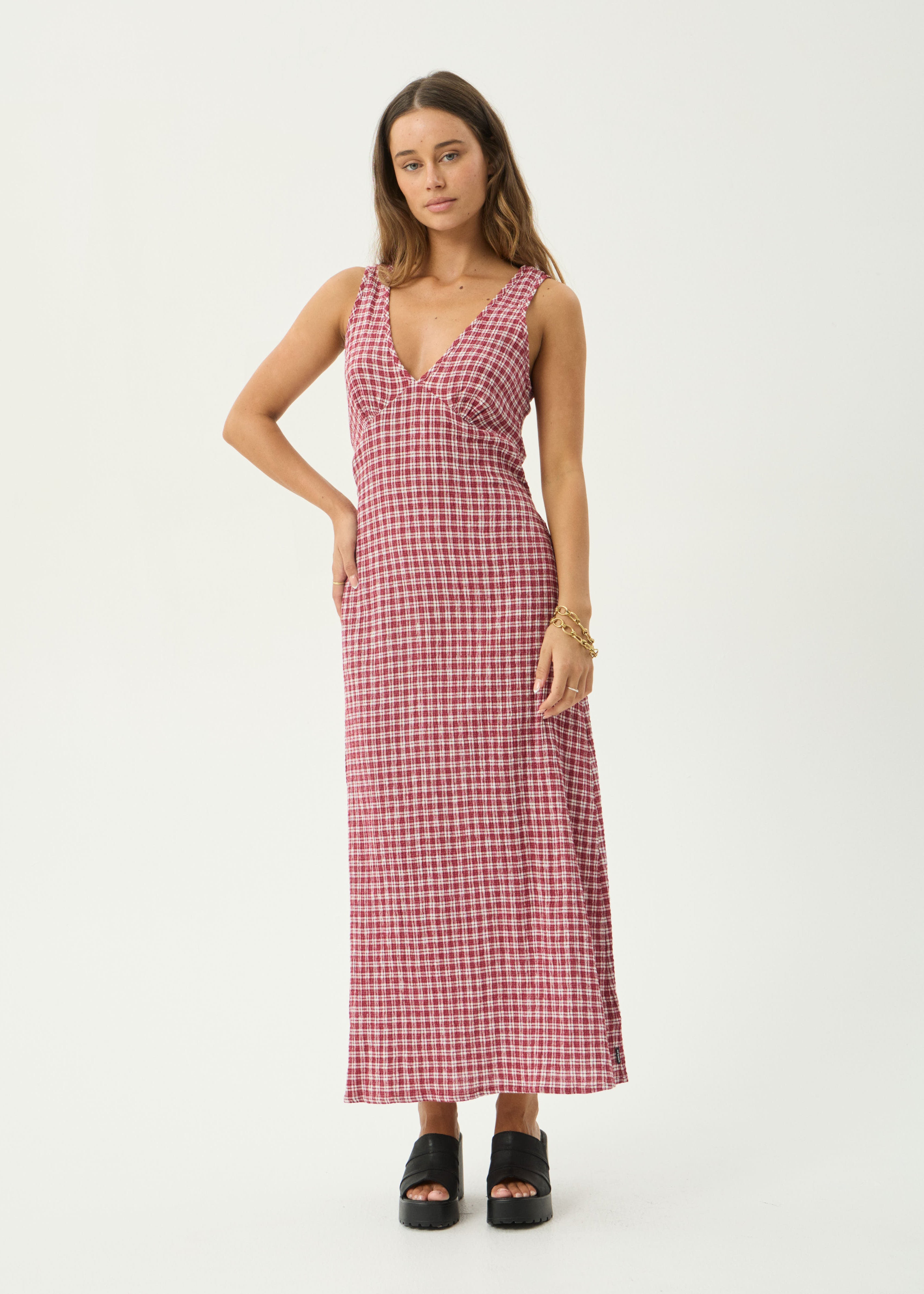 AFENDS Womens Tully - Seersucker Maxi Dress - Burgundy Check