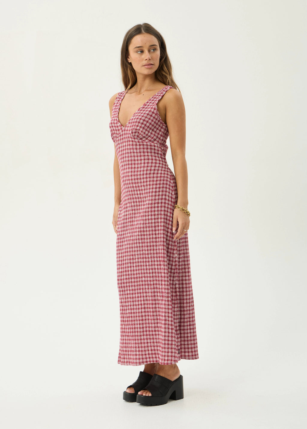 AFENDS Womens Tully - Seersucker Maxi Dress - Burgundy Check