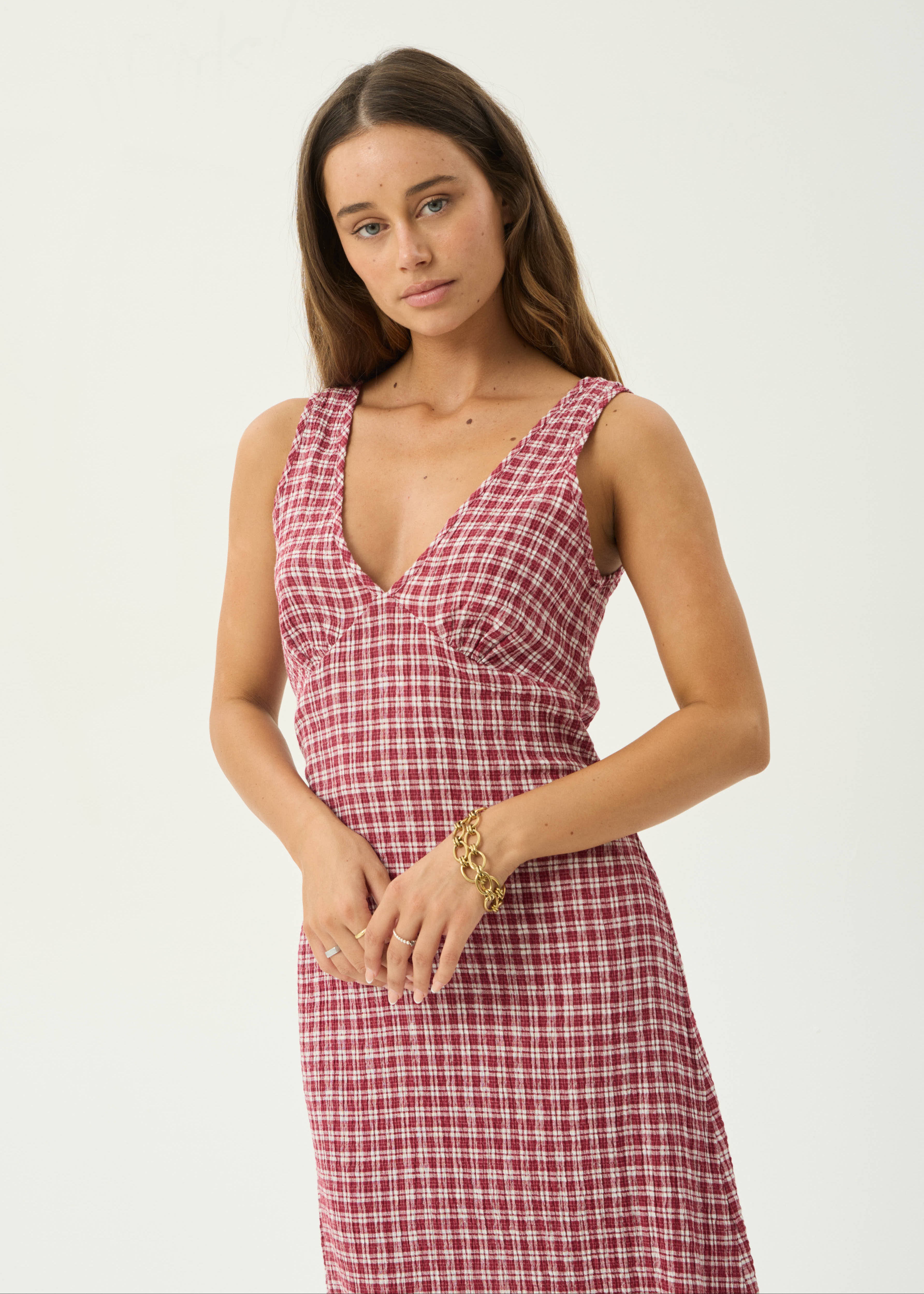 afends red dress AFENDS Womens Elodie - Hemp Seersucker Midi Dress