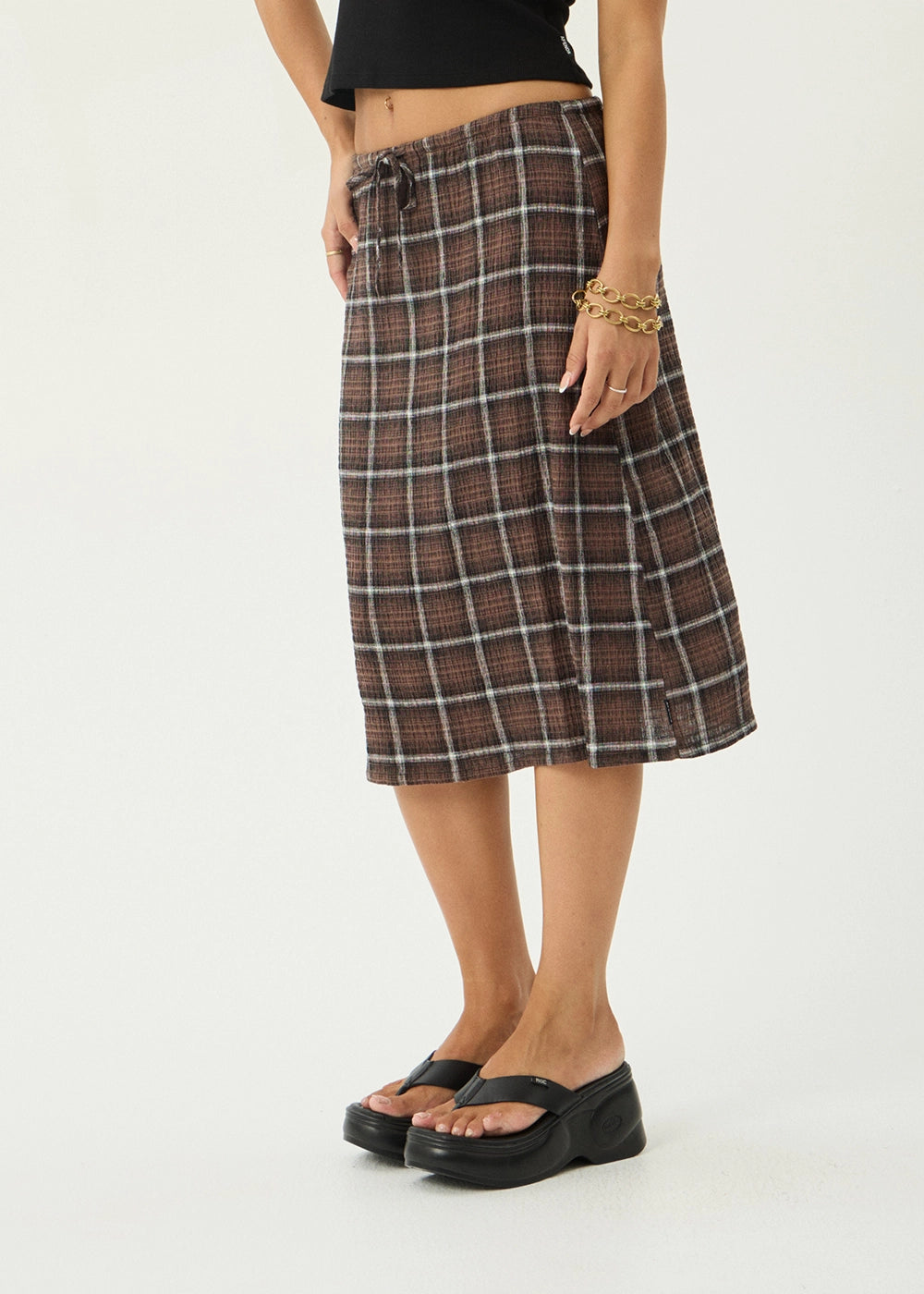 AFENDS Womens Reverie - Seersucker Midi Skirt - Coffee Check