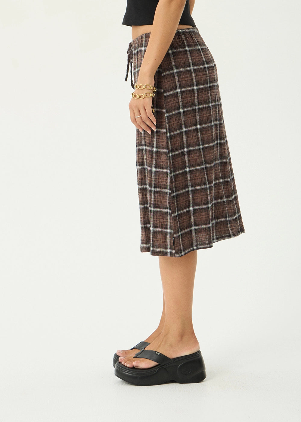 AFENDS Womens Reverie - Seersucker Midi Skirt - Coffee Check