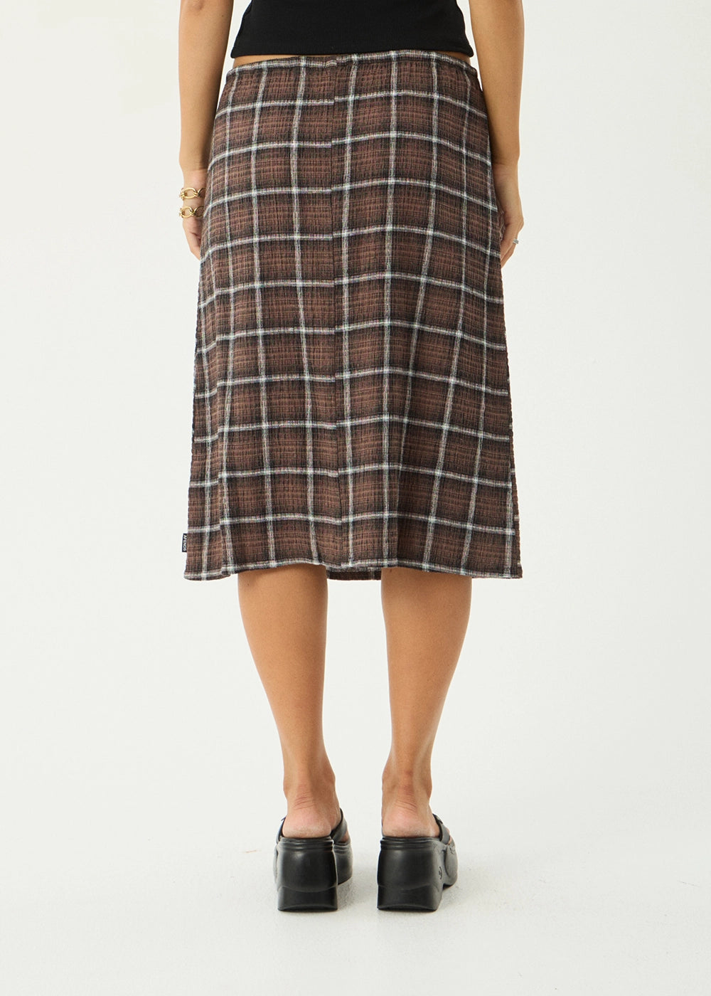 AFENDS Womens Reverie - Seersucker Midi Skirt - Coffee Check