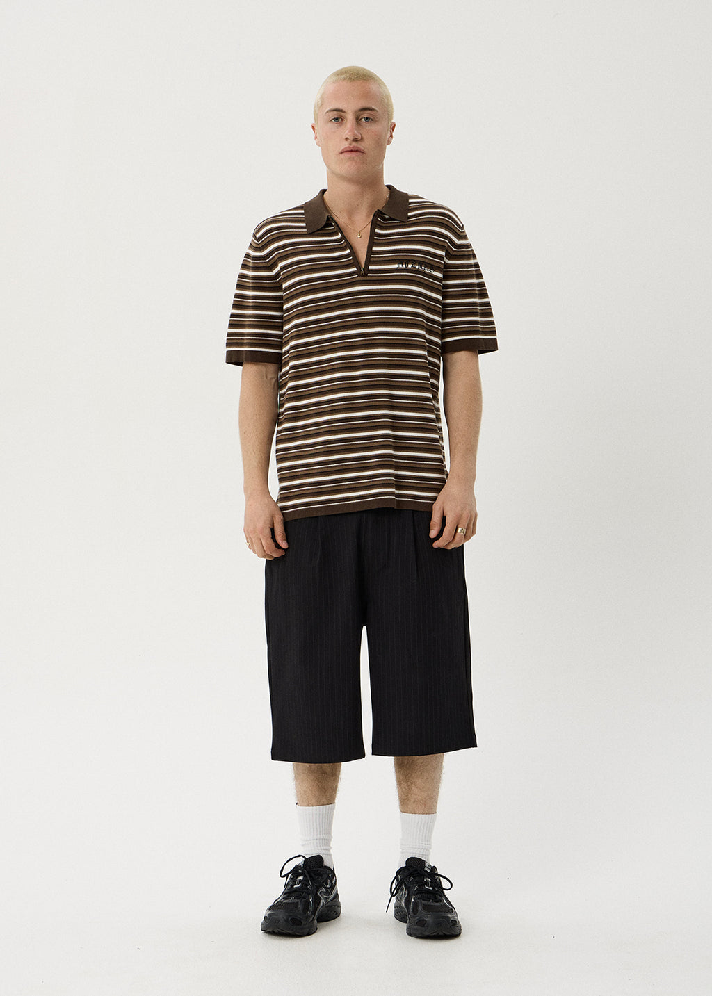 AFENDS Mens Cora - Knit Polo Shirt - Coffee Stripe