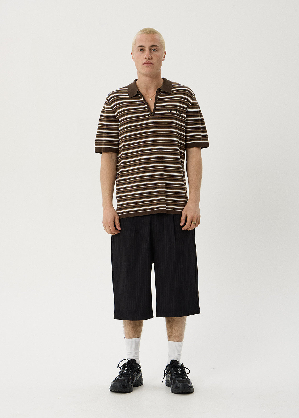 AFENDS Mens Cora - Knit Polo Shirt - Coffee Stripe