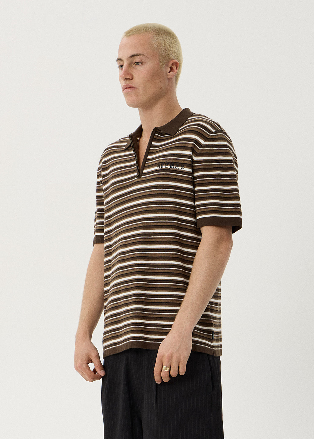 AFENDS Mens Cora - Knit Polo Shirt - Coffee Stripe