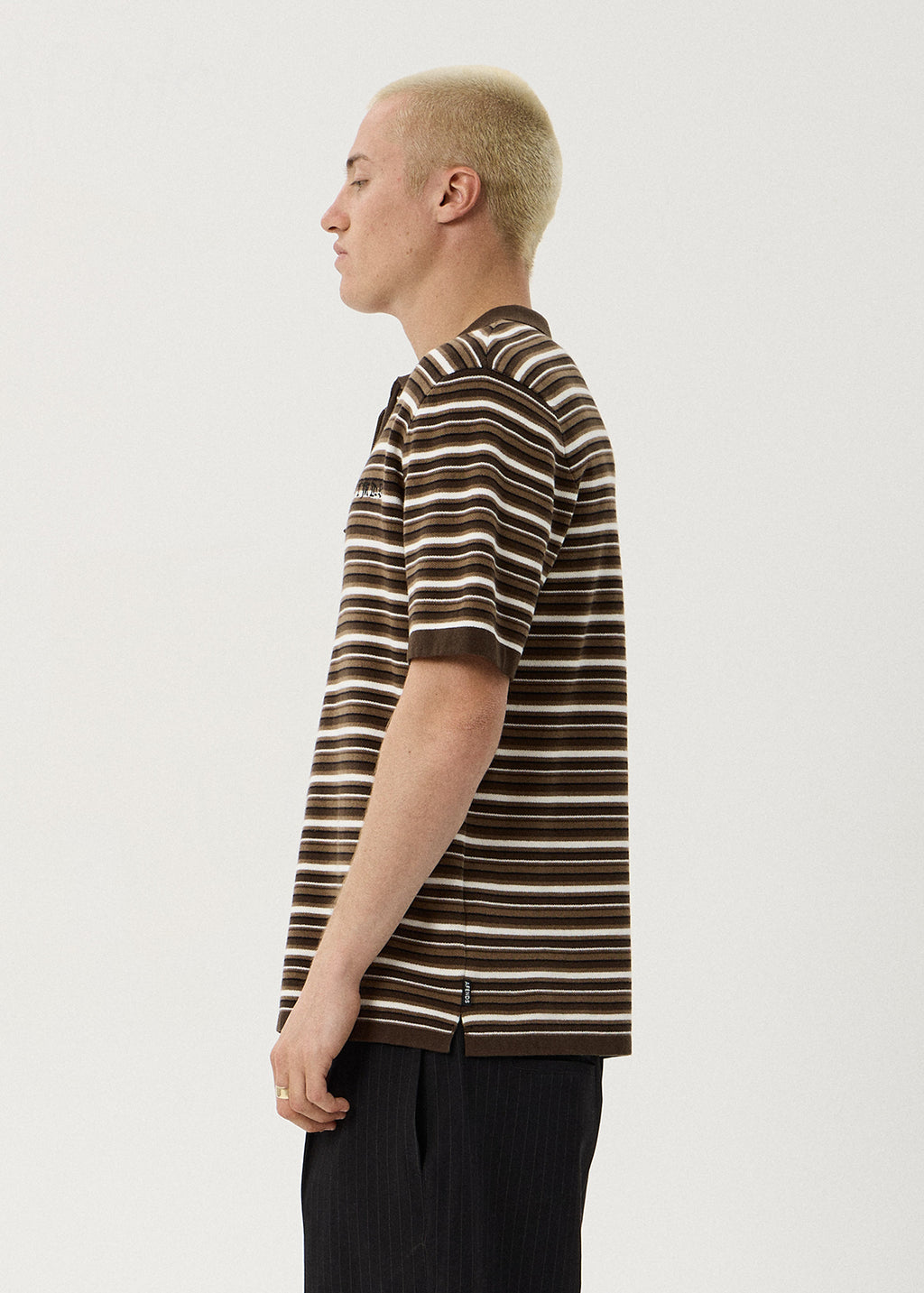 AFENDS Mens Cora - Knit Polo Shirt - Coffee Stripe