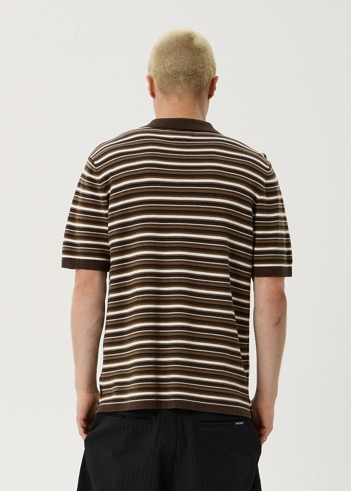 AFENDS Mens Cora - Knit Polo Shirt - Coffee Stripe