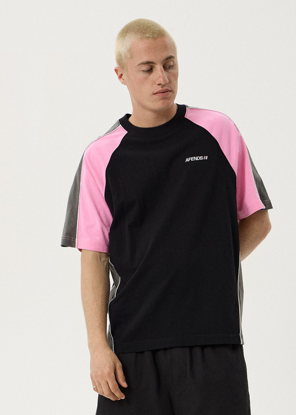 AFENDS Mens Tallows - Panelled Raglan Tee - Black / Pink