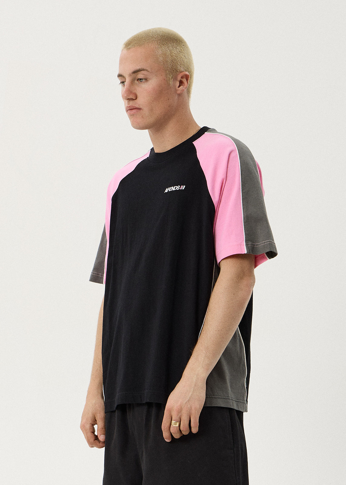 AFENDS Mens Tallows - Panelled Raglan Tee - Black / Pink
