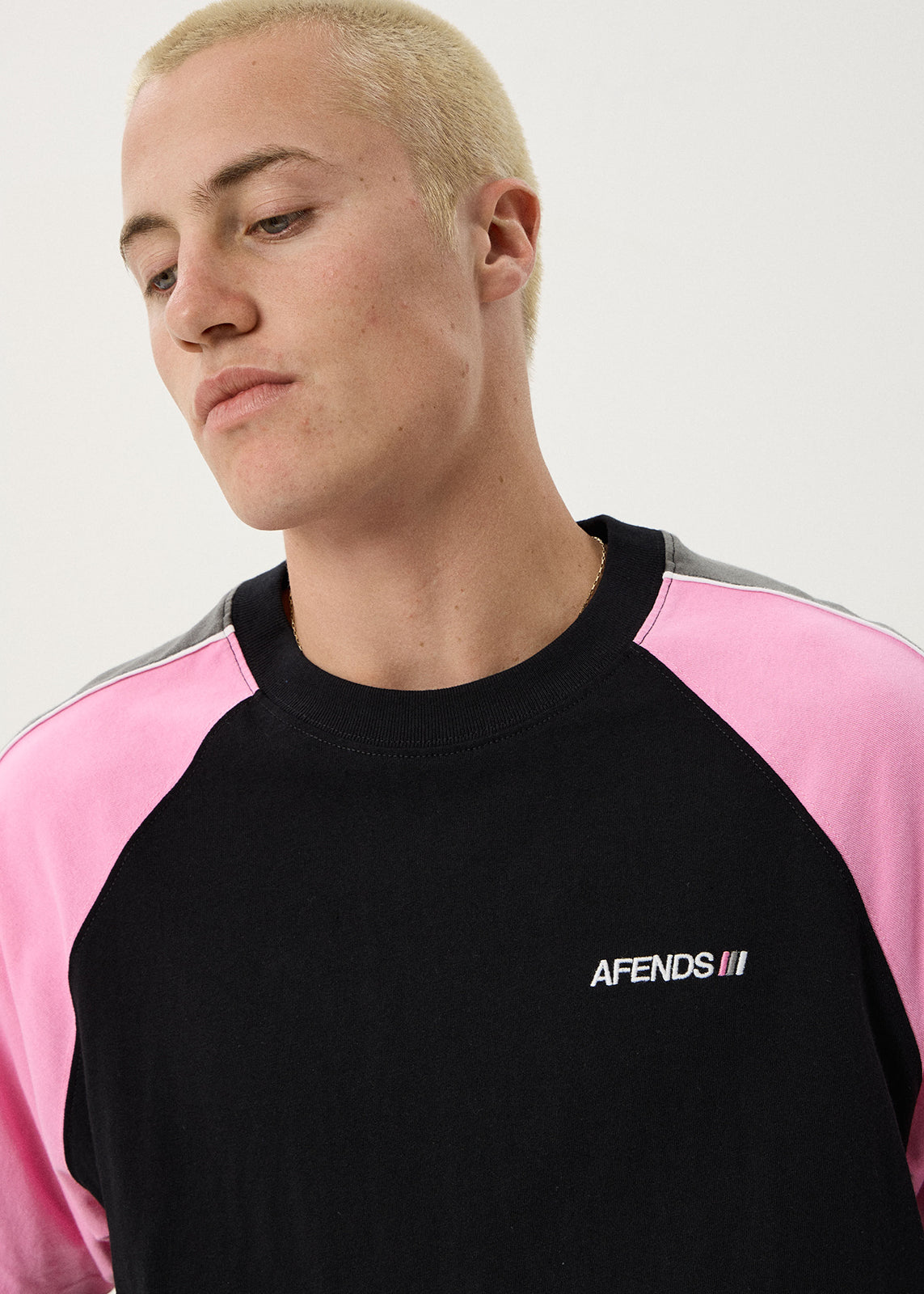 AFENDS Mens Tallows - Panelled Raglan Tee - Black / Pink