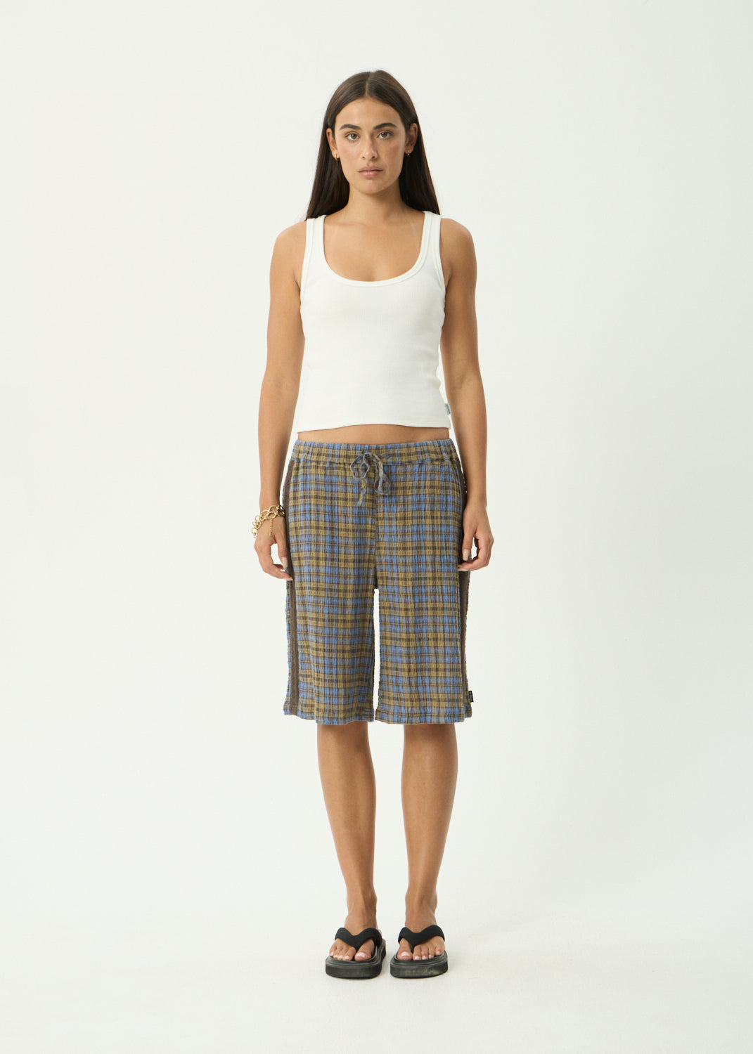 AFENDS Alexa - Longline Short - Cedar / Blue Check