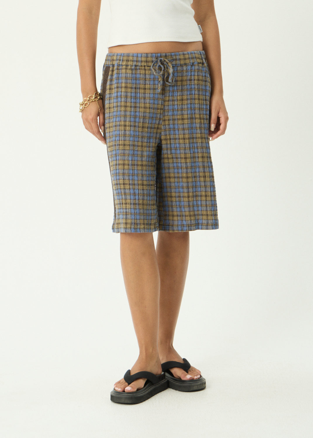 AFENDS Alexa - Longline Short - Cedar / Blue Check
