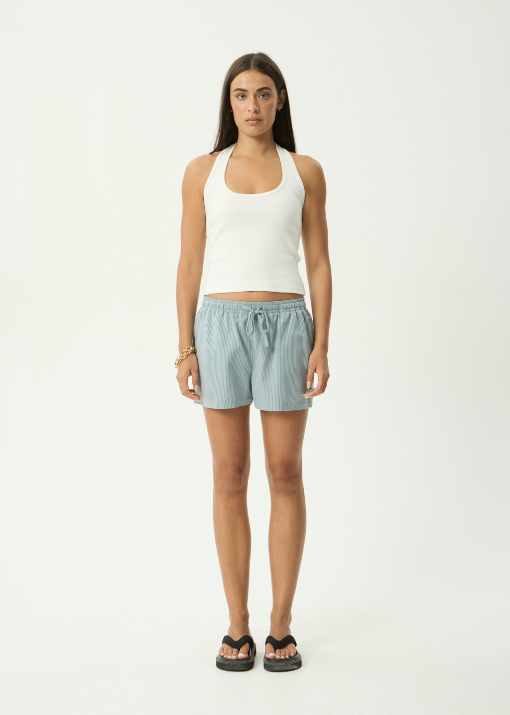 AFENDS Dana - Elastic Waist Short - Teal Stripe