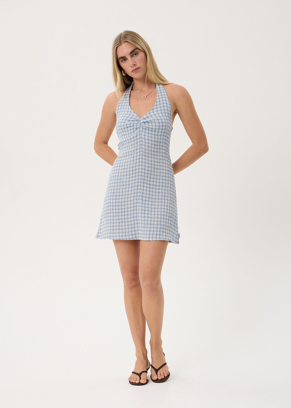 AFENDS Montana - Seersucker Halter Mini Dress - Powder Blue Check