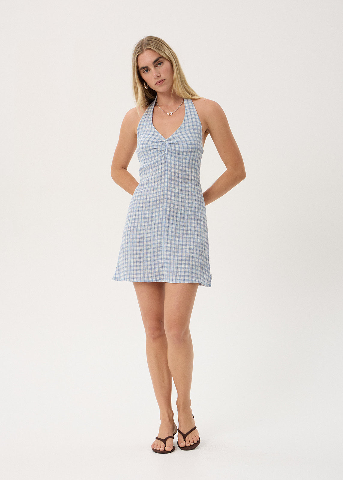 AFENDS Montana - Seersucker Halter Mini Dress - Powder Blue Check