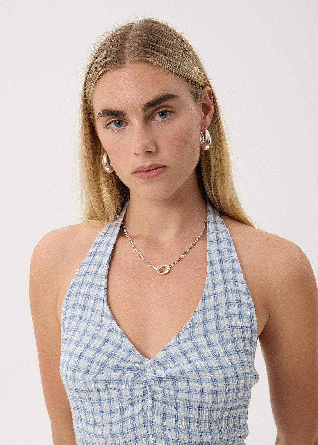 AFENDS Montana - Seersucker Halter Mini Dress - Powder Blue Check