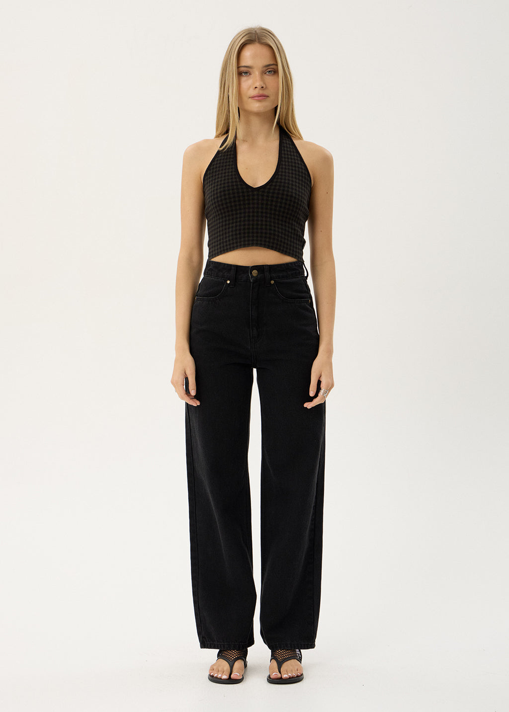 AFENDS Womens Briar - Knit Halter Top - Thyme Gingham