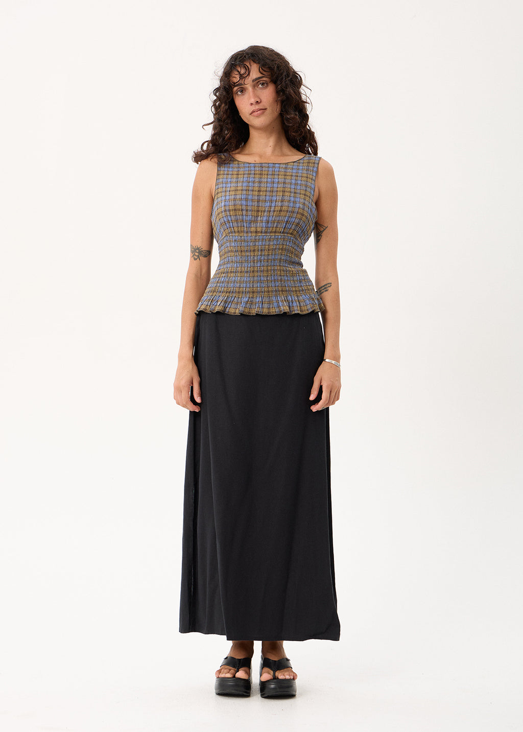 AFENDS Cedar - Seersucker Sleeveless Top - Cedar / Blue Check
