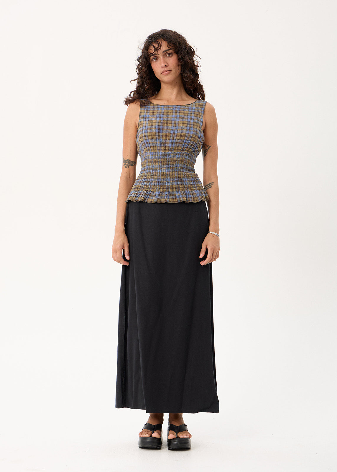 AFENDS Cedar - Seersucker Sleeveless Top - Cedar / Blue Check