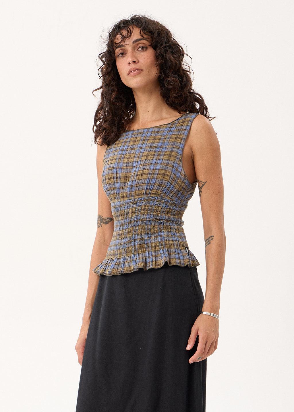 AFENDS Cedar - Seersucker Sleeveless Top - Cedar / Blue Check