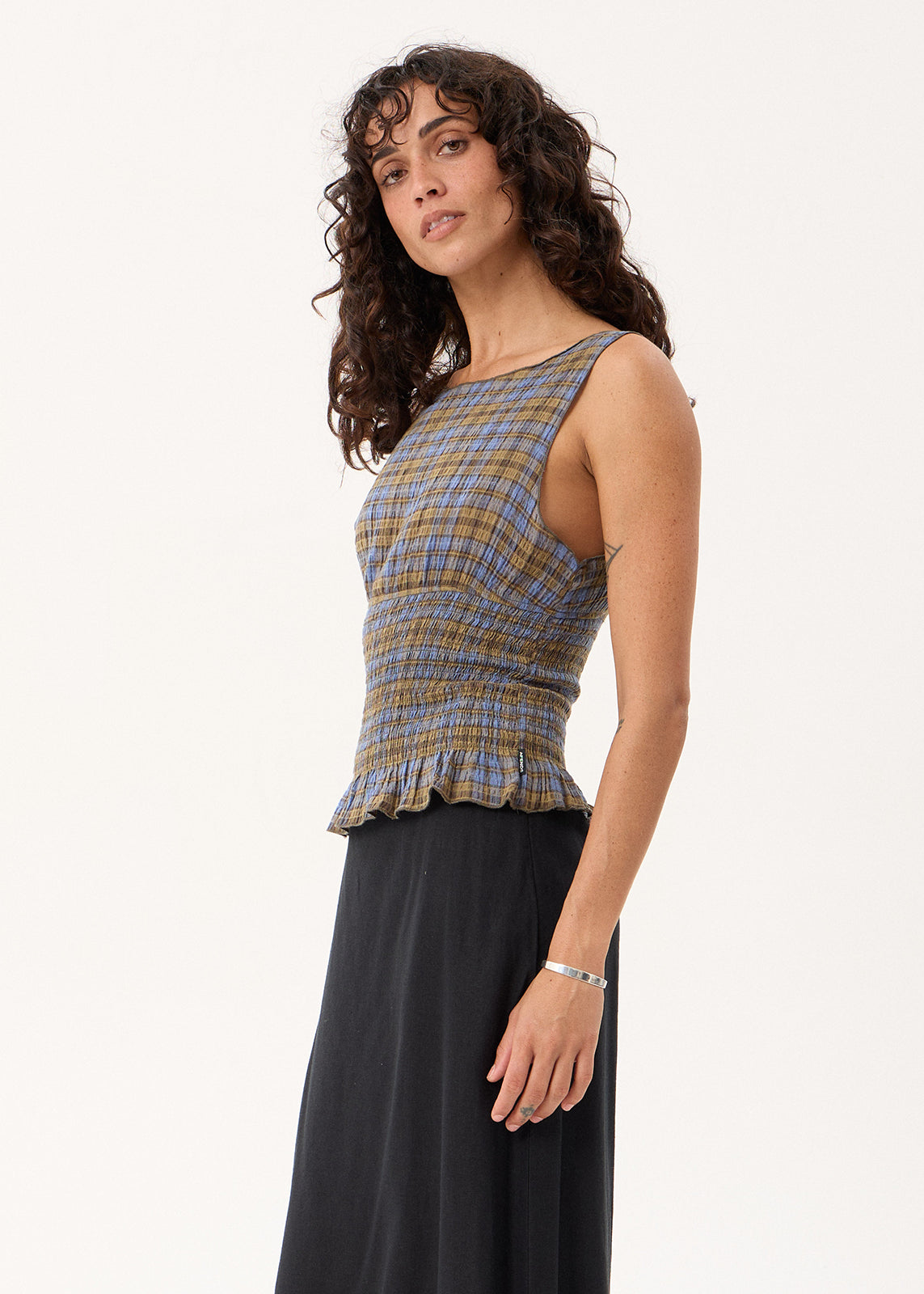 AFENDS Cedar - Seersucker Sleeveless Top - Cedar / Blue Check