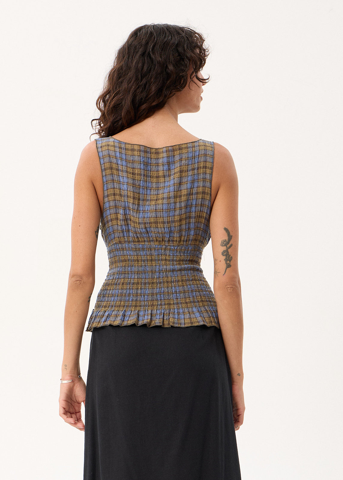 AFENDS Cedar - Seersucker Sleeveless Top - Cedar / Blue Check