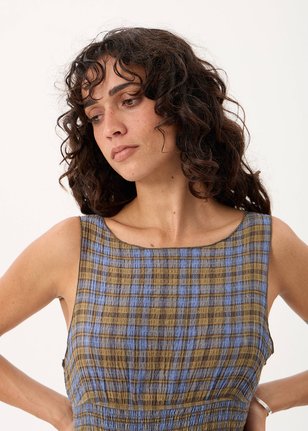 AFENDS Cedar - Seersucker Sleeveless Top - Cedar / Blue Check