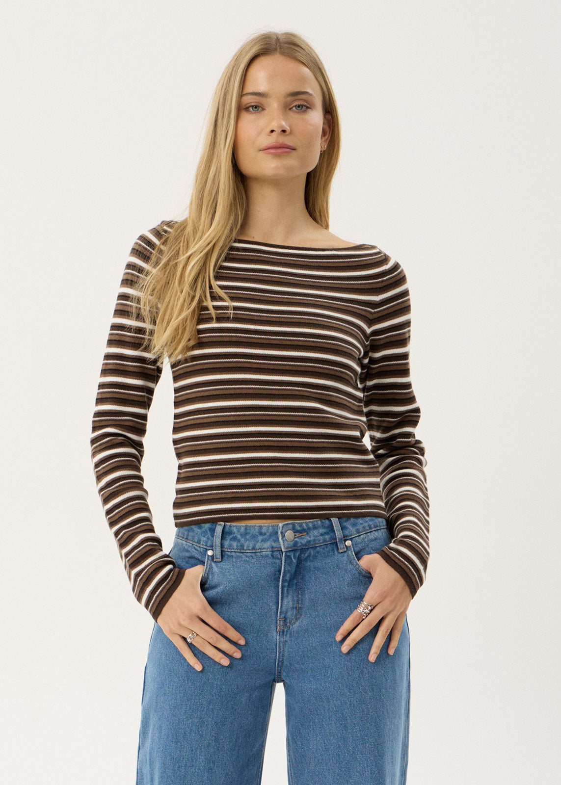 AFENDS Womens Hadley - Knit Long Sleeve Top - Coffee Stripe